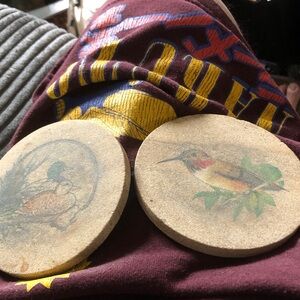 Wooden Round Coasters with Bird Artwork - Set of 2, Brown